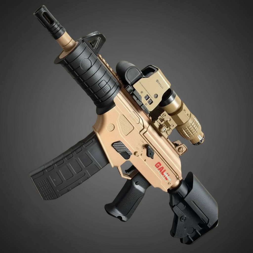 Decorative rifle with tan and black finish on a gray background
