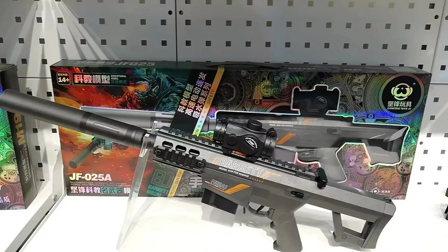 Toy sniper rifle with scope and silencer on display in front of colorful packaging