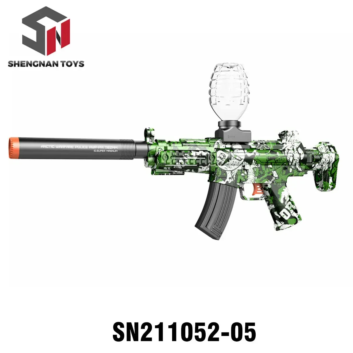 Green and black toy gun with camouflage design, tactical silencer, and top-mounted transparent hopper.