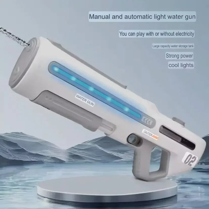 Electric and manual water gun with LED lights, large tank, futuristic design, displayed on water
