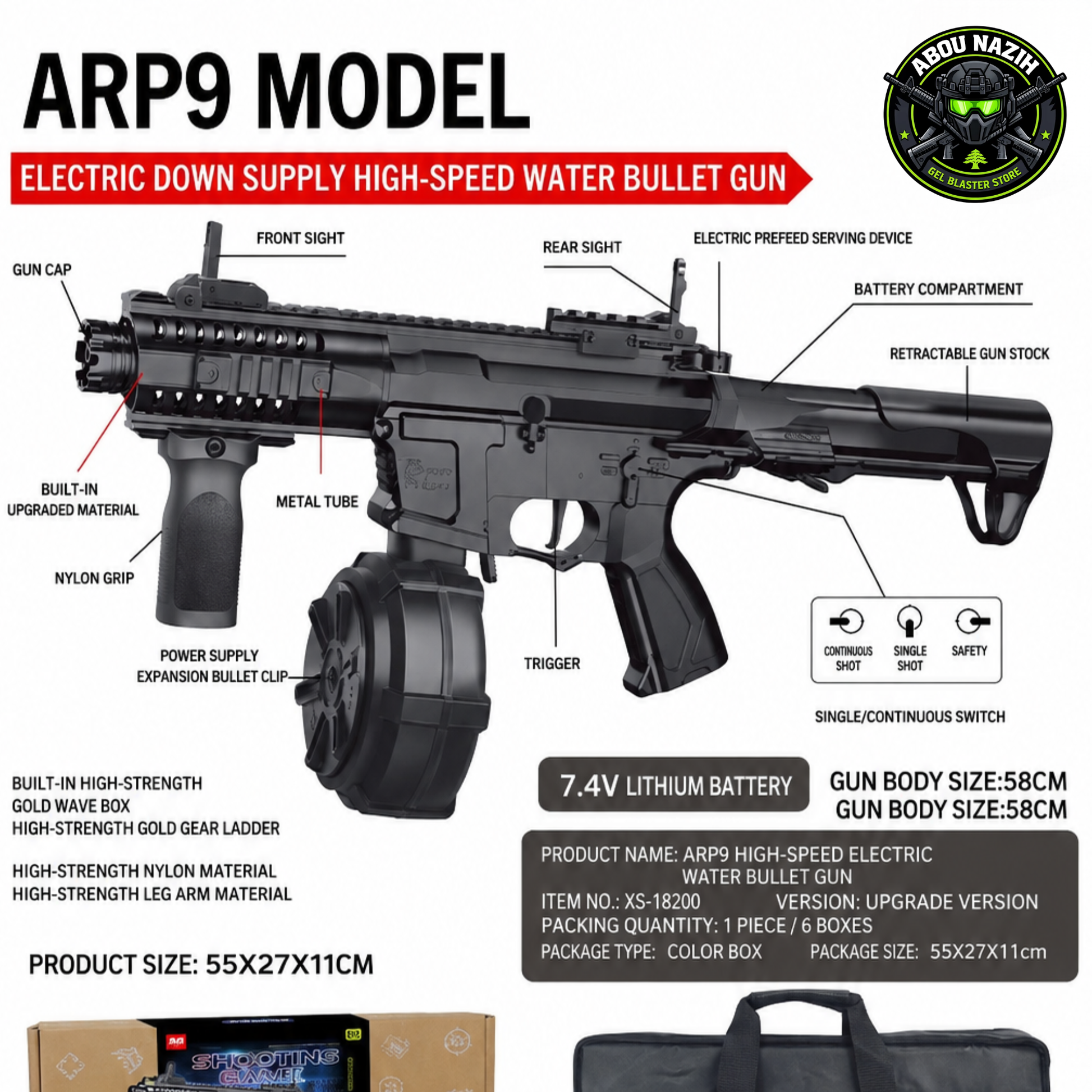 Diagram of an ARP9 model electric high-speed water bullet gun with labeled parts and specifications.