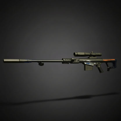 Modern black tactical rifle with scope on display against a mesh wall background