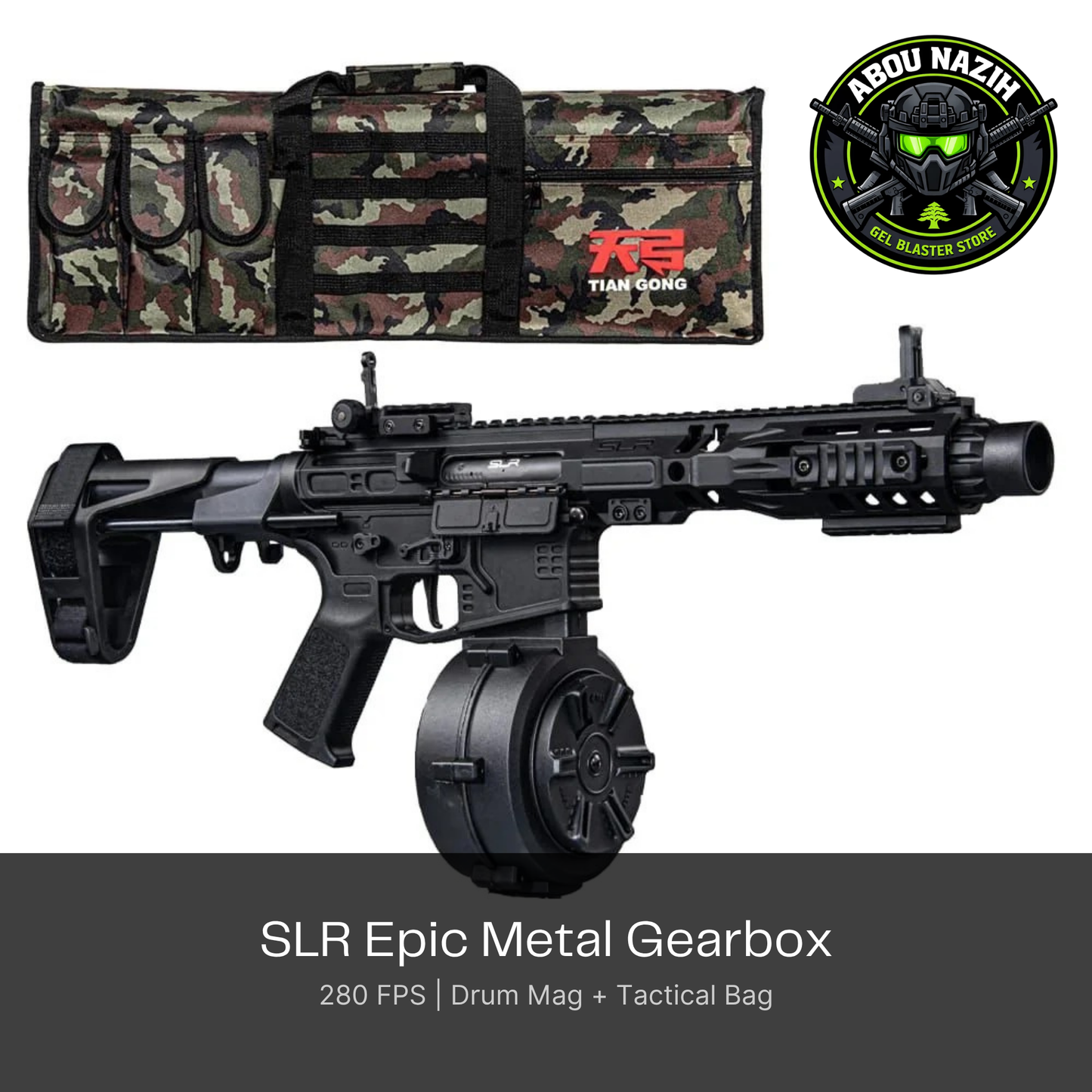Black SLR Epic Metal Gearbox with a camouflage bag and branding on a white background