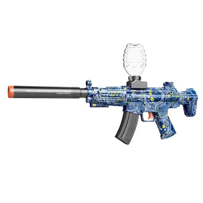 Blue and yellow gel blaster toy gun with long barrel and transparent hopper on white background