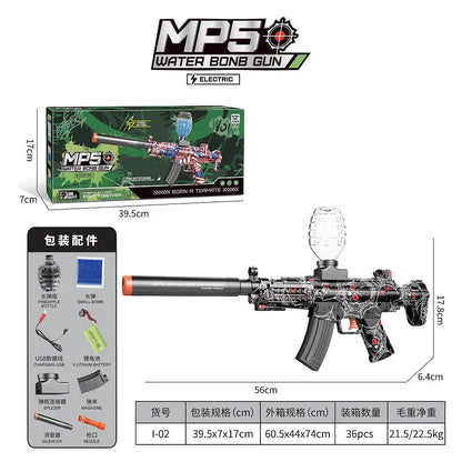 Electric MP5 water gel ball blaster toy gun with accessories and packaging, black and red design