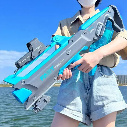 Person holding large blue and gray toy blaster outdoors near water, summer shorts style