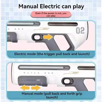 Dual mode water gun showing electric and manual trigger operation instructions