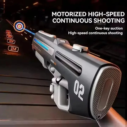Motorized toy blaster gun with high-speed continuous shooting, futuristic design, targeting display