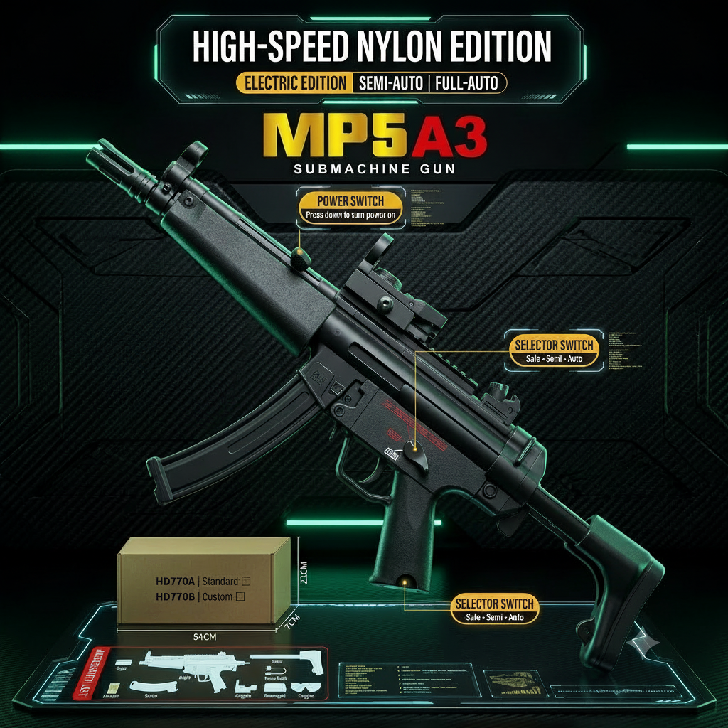 A black high-speed nylon MP5A3 submachine gun toy or replica shown on a dark futuristic display stand with glowing green lines and text labels. The image includes product title text at the top, switch callouts, and a small box labeled HD770A and HD770B.