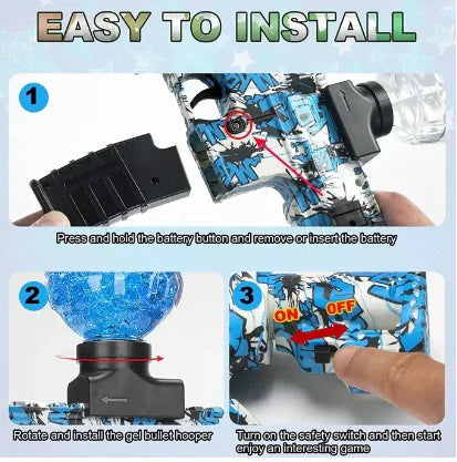 Step-by-step guide showing how to install battery, load gel balls, and switch on a toy gel blaster.