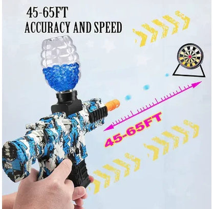 Hand holding blue camo gel blaster toy gun with gel ball ammo, aiming at dartboard target, 45-65ft range highlighted.