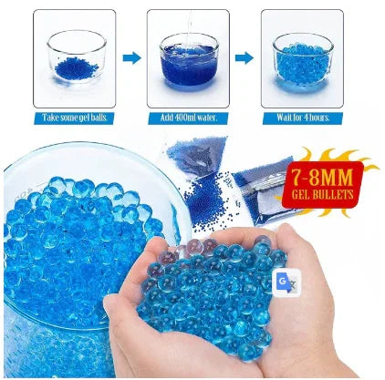 Blue 7-8mm gel water beads in hand, hydration process shown in steps above.