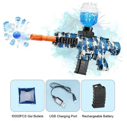 Camouflage blue gel ball blaster toy gun with gel beads, USB charger, and rechargeable battery.