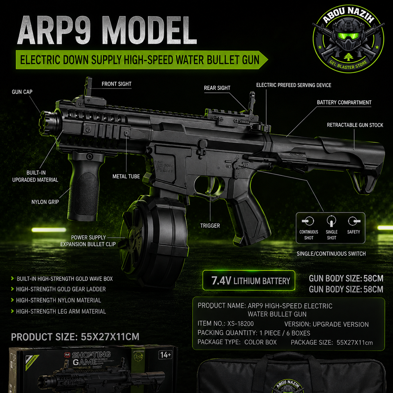 A labeled product infographic for an ARP9 Model electric down supply high-speed water bullet gun, showing a black and dark gray toy/replica rifle with callouts, battery compartment, grip, trigger, and other parts on a dark green background with text specs.