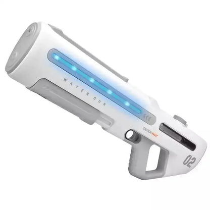 Futuristic white and blue electric water gun with LED lights and ergonomic handle