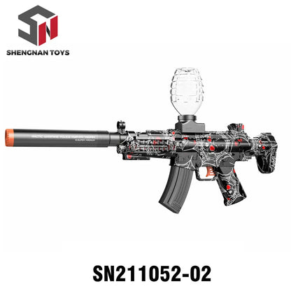 Toy gel blaster gun with black and red spider web design, silencer barrel, and clear ammo container.