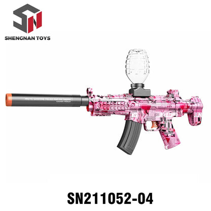 Pink toy assault rifle with silencer, transparent hopper, and text pattern, model SN211052-04