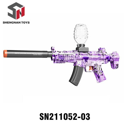 Purple camo toy blaster gun with long barrel, transparent grenade-shaped hopper, SN211052-03.