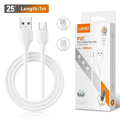 White USB to USB-C fast charging data cable 1m, 25W, with retail packaging.