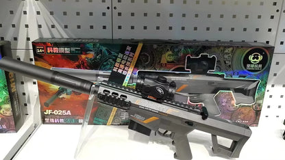 Toy sniper rifle with scope and silencer on display in front of colorful packaging