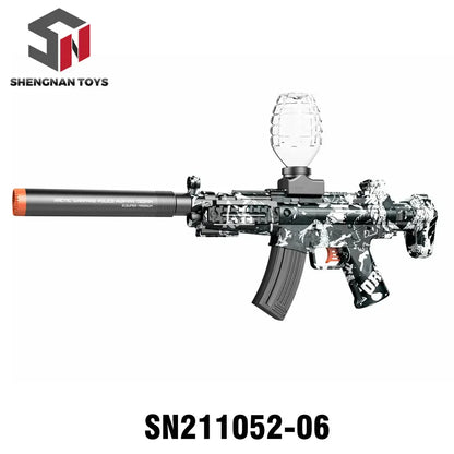 Toy gel blaster rifle with arctic camo design, top loader, suppressor, Shengnan Toys logo