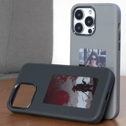 Two smartphone cases with customizable photo inserts, displayed on a wooden surface.