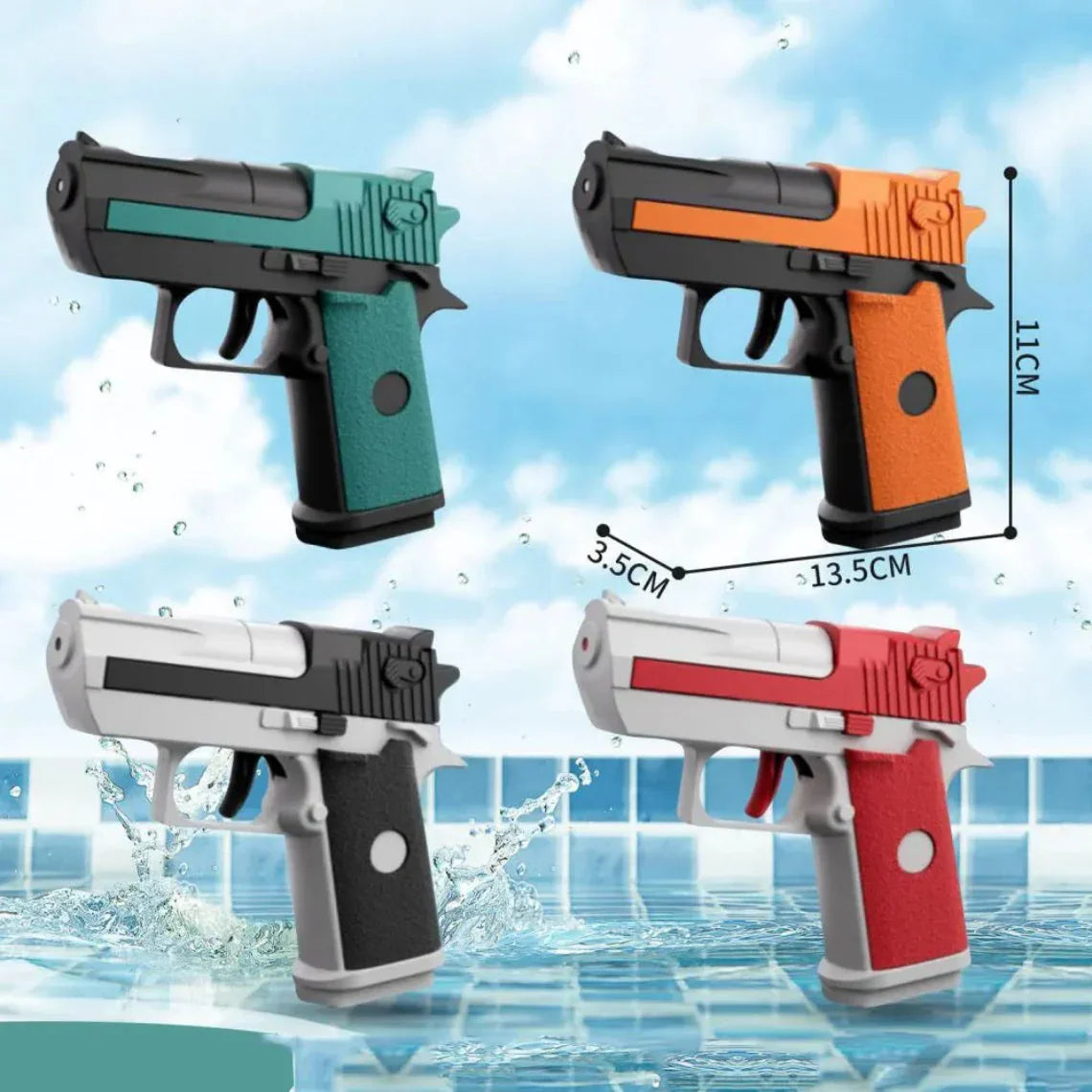 Colorful water pistols with toy gun design, displayed above a pool with size measurements.