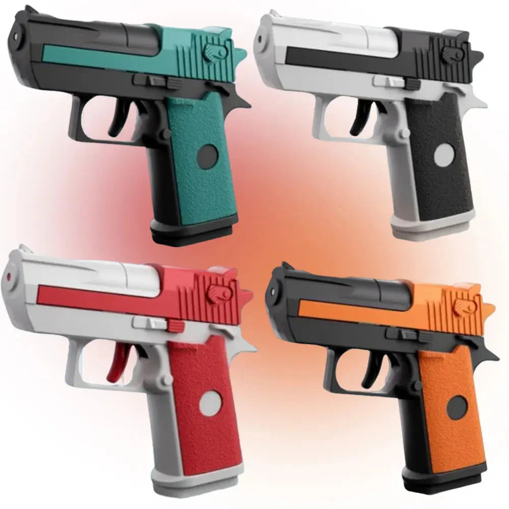 Set of four colorful toy pistols in teal, black, red, and orange variations.