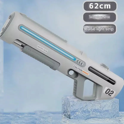 Futuristic white water gun with blue pulse light strip, 62cm, on ice block