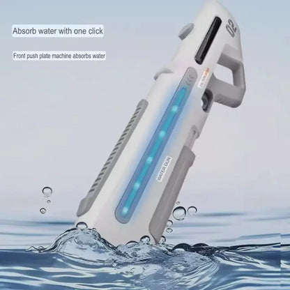 Electric water gun with LED lights absorbing water from a blue surface