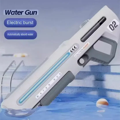 Electric water gun with gray and blue design by a swimming pool
