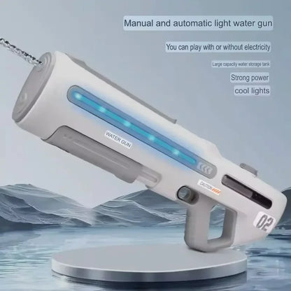 Electric and manual water gun with LED lights, large tank, futuristic design, displayed on water