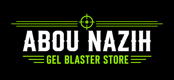 A black square graphic with the text 'ABOU NAZIH GEL BLASTER STORE' in white and neon green, plus a small green target icon above the words.