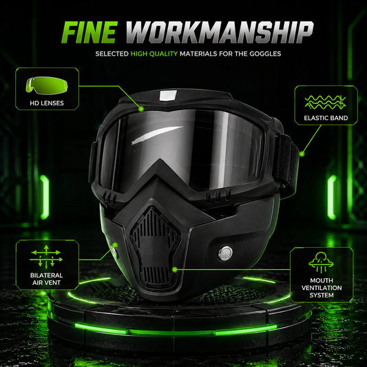 Black full-face motocross goggles with a large tinted shield lens, integrated face mask, and green glow effects on a dark background with callout labels for HD lenses, elastic band, bilateral air vent, and mouth ventilation system.