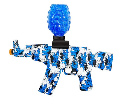 Graffiti-patterned gel blaster toy gun with blue gel ball hopper, white and blue design