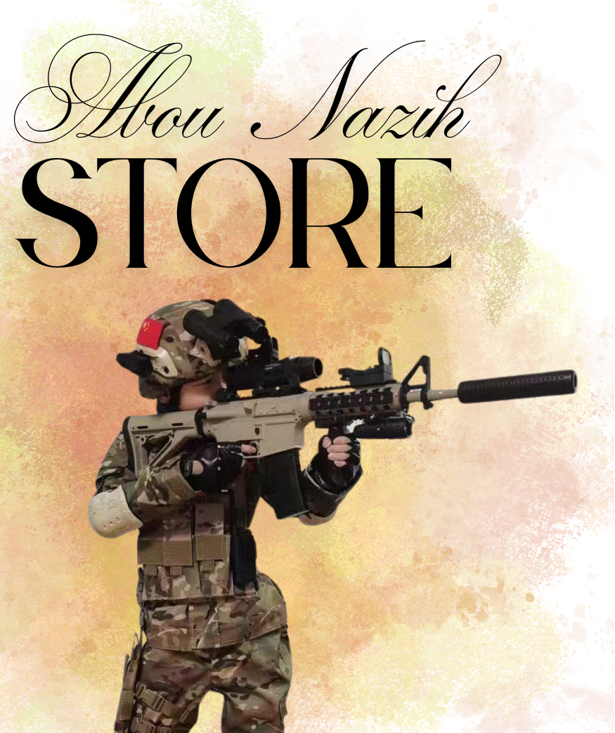  Person in camouflage holding a rifle with 'Abou Nazih Store' text on a gradient background
