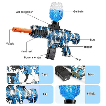 Blue camo electric gel ball blaster toy with labeled parts and gel ball holder