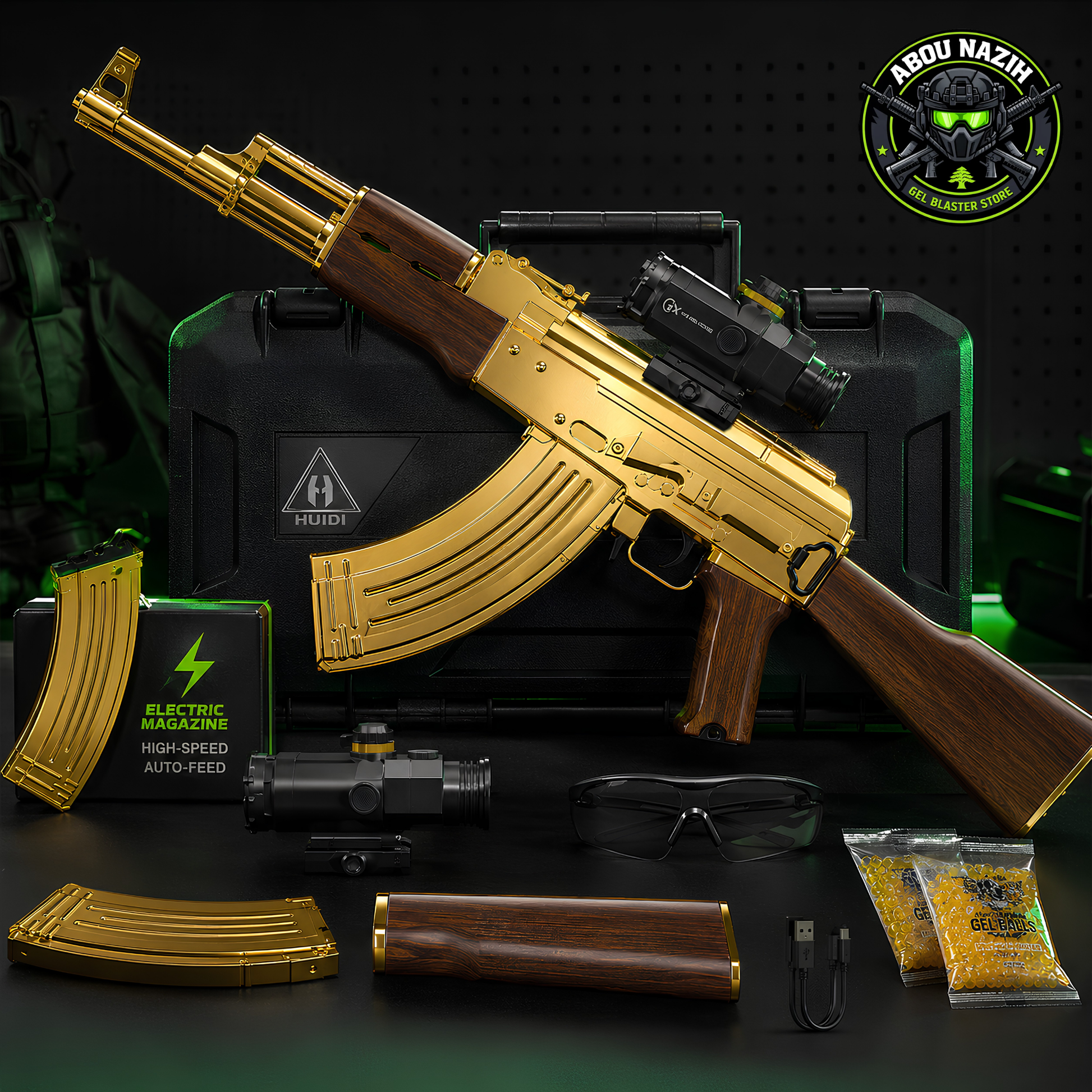 Gold and wood AK-47 style toy rifle displayed with accessories including gold magazines, a green electric magazine box, a black sight, a red dot sight, safety glasses, a wooden stock cover, and a small USB charging cable, arranged in front of a black carrying case. A circular 'Abu Nazif' logo appears in the top right corner.