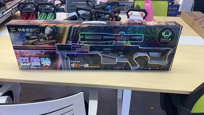 Toy sniper rifle packaging on display, gel blaster model for ages 14 and up, on table in store
