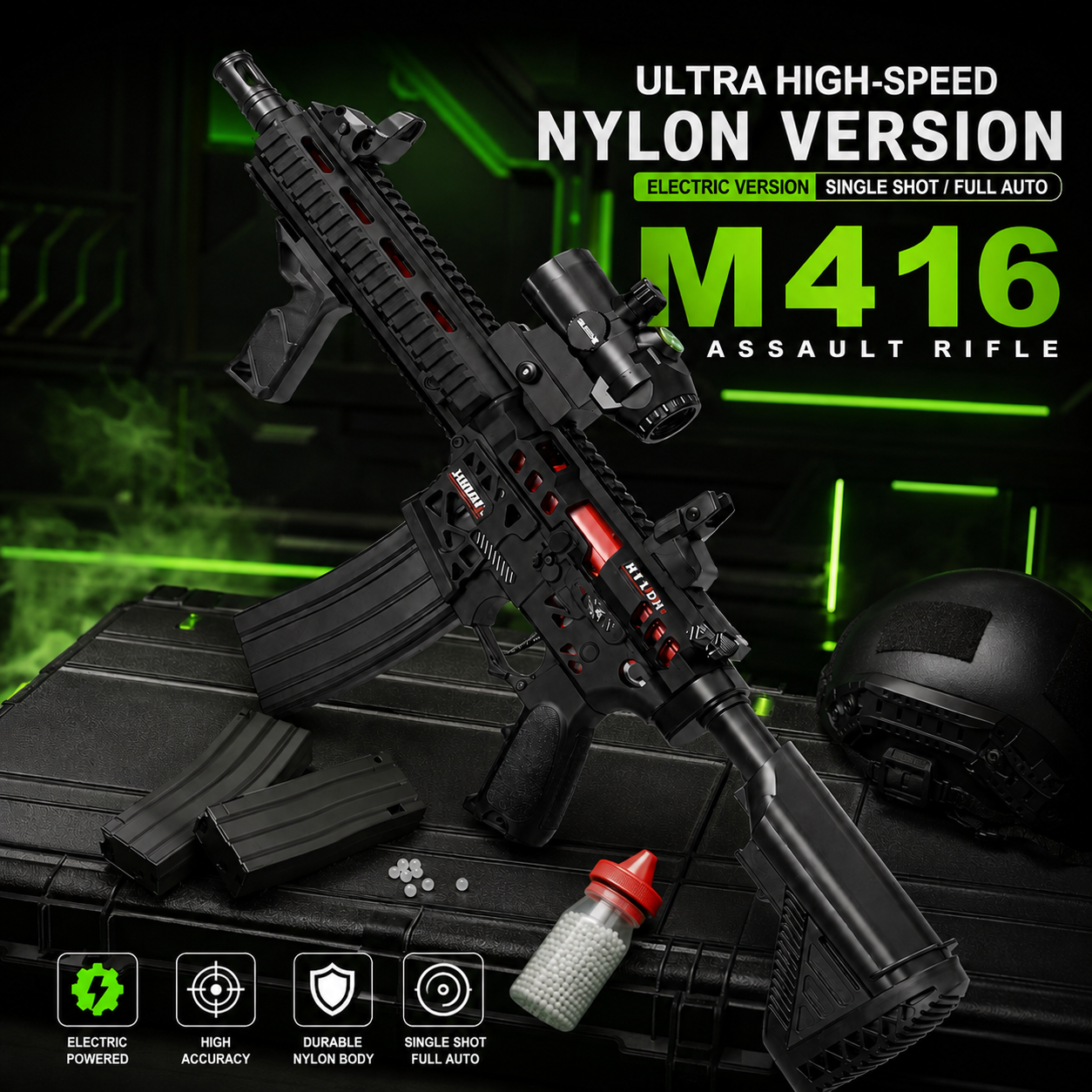 Black nylon M416-style assault rifle toy/airsoft rifle shown on a dark display surface with a helmet, magazine, and a small red-capped bottle, plus large marketing text reading 'ULTRA HIGH-SPEED NYLON VERSION' and 'M416 ASSAULT RIFLE'.