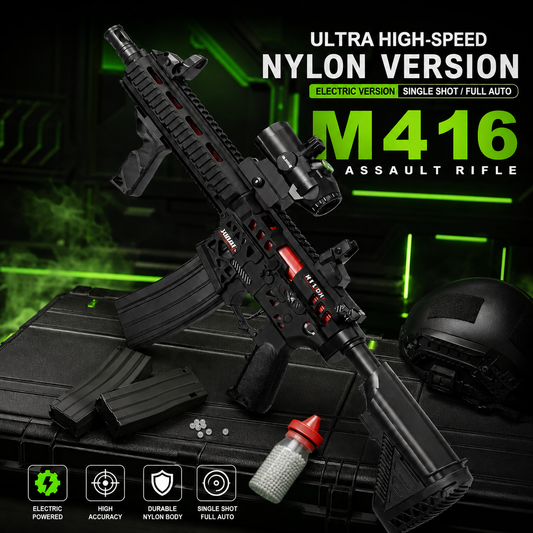 Black nylon M416-style assault rifle toy/airsoft rifle shown on a dark display surface with a helmet, magazine, and a small red-capped bottle, plus large marketing text reading 'ULTRA HIGH-SPEED NYLON VERSION' and 'M416 ASSAULT RIFLE'.